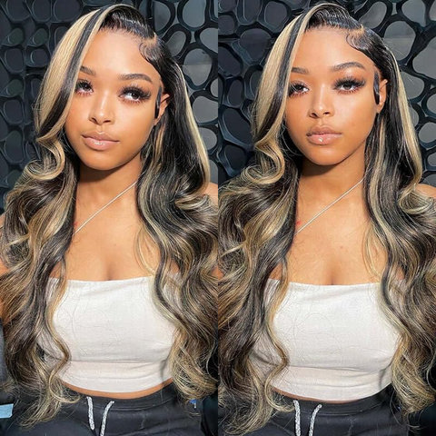 ALIGLOSSY 180% Density 13x4 Balayage Highlights Black Blonde Straight Body Wave Hair Wig