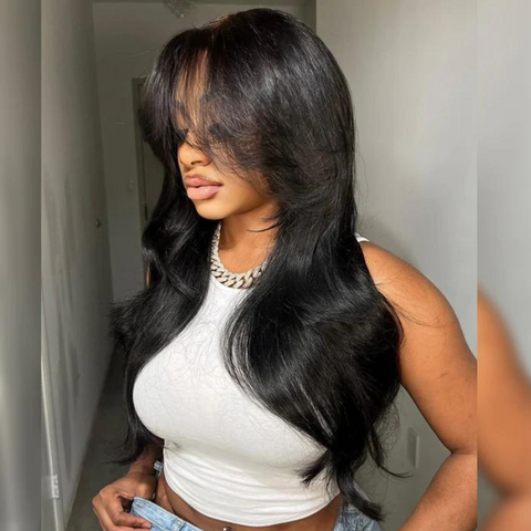 ALIGLOSSY Curtain Bangs Straight Hair Wig 250 Density 13x4 13x6 Lace Frontal Wigs