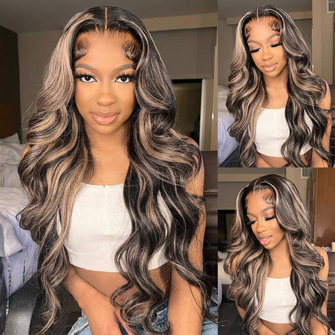 ALIGLOSSY 180% Density 13x4 Balayage Highlights Black Blonde Straight Body Wave Hair Wig