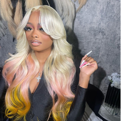 Aliglossy Curtain Bangs Reverse Ombre 613 Blonde Pink Yellow Color 13x4 Lace Front Virgin Human Hair Wigs