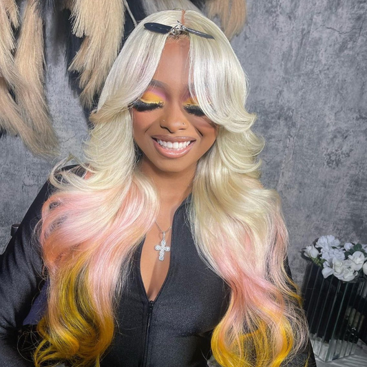 Aliglossy Curtain Bangs Reverse Ombre 613 Blonde Pink Yellow Color 13x4 Lace Front Virgin Human Hair Wigs