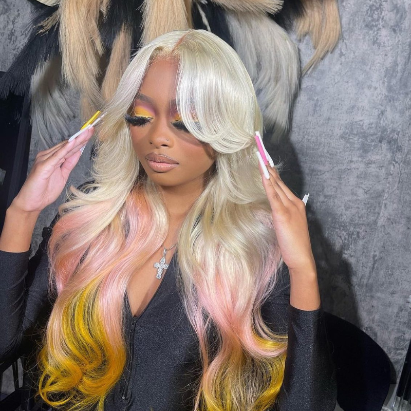 Aliglossy Curtain Bangs Reverse Ombre 613 Blonde Pink Yellow Color 13x4 Lace Front Virgin Human Hair Wigs