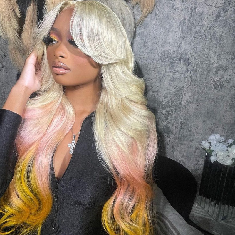 Aliglossy Curtain Bangs Reverse Ombre 613 Blonde Pink Yellow Color 13x4 Lace Front Virgin Human Hair Wigs