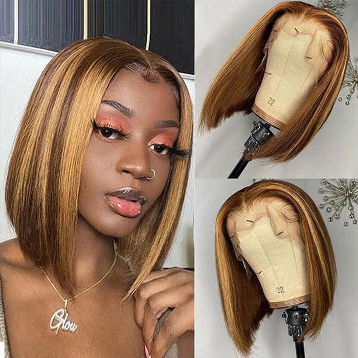 ALIGLOSSY 13X4 HD Lace P4/27 Honey Blonde Highlights Straight Bob Human Hair Wig