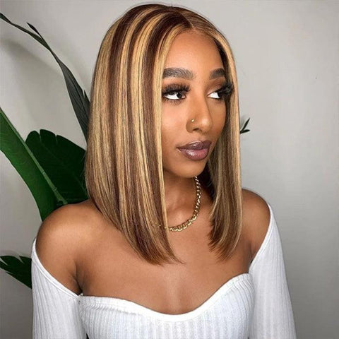 ALIGLOSSY 13X4 HD Lace P4/27 Honey Blonde Highlights Straight Bob Human Hair Wig