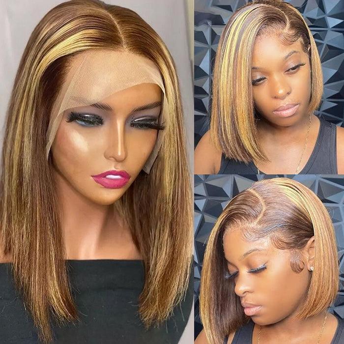 ALIGLOSSY 13X4 HD Lace P4/27 Honey Blonde Highlights Straight Bob Human Hair Wig