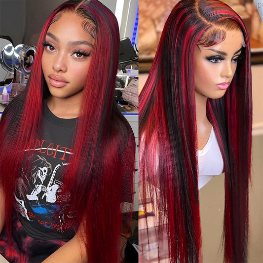 ALIGLOSSY Highlights Burgundy Glueless 13x4 Straight Lace Front Wigs