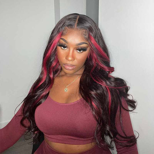 ALIGLOSSY 200% 250% Burgundy Highlight 13x4 HD Lace Front Body Wave Hair Wig