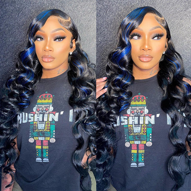 Aliglossy Wand Curls Black Wig With Blue Highlights 13x4 Lace Front 200 250 300 Density Loose Deep Wave Hair