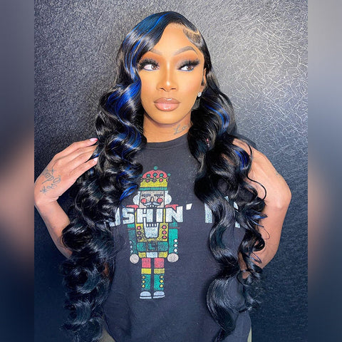 Aliglossy Wand Curls Black Wig With Blue Highlights 13x4 Lace Front 200 250 300 Density Loose Deep Wave Hair