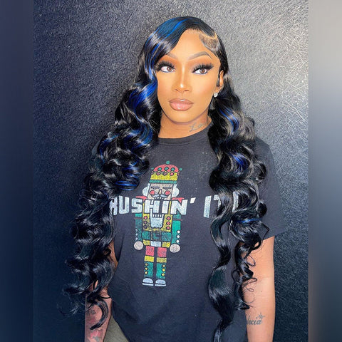 Aliglossy Wand Curls Black Wig With Blue Highlights 13x4 Lace Front 200 250 300 Density Loose Deep Wave Hair