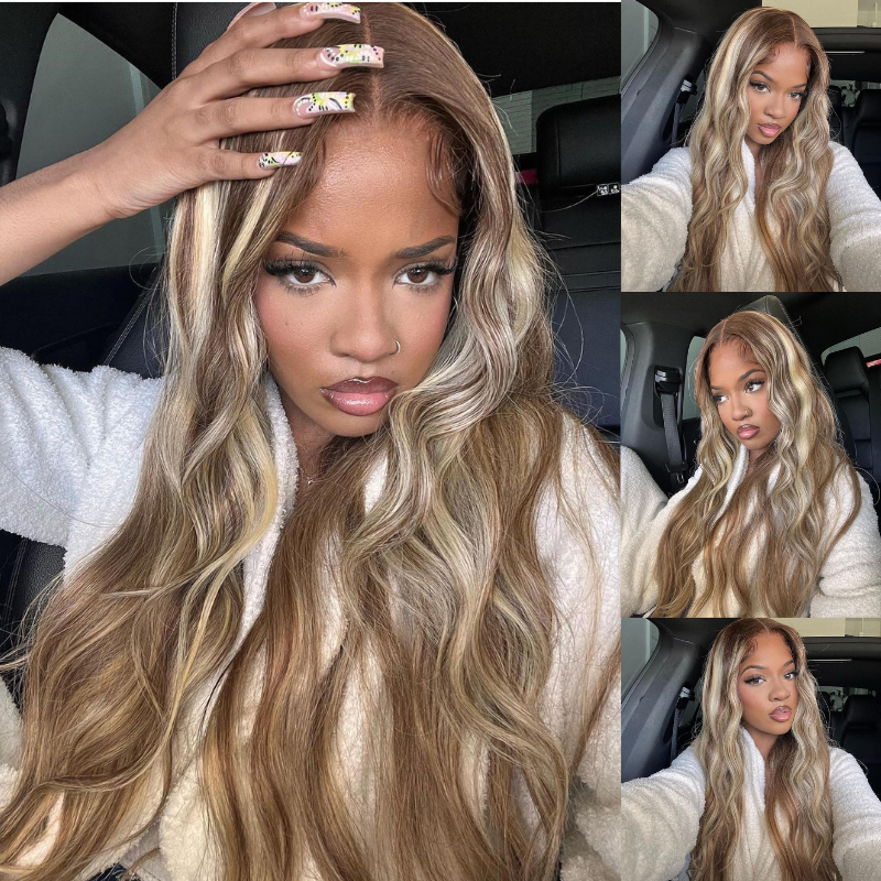 Aliglossy 250 Density Blonde Brown Highlights Wig 13x4 Lace Frontal Body Wave Hair Wigs