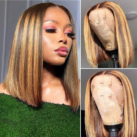 ALIGLOSSY 13X4 HD Lace P4/27 Honey Blonde Highlights Straight Bob Human Hair Wig