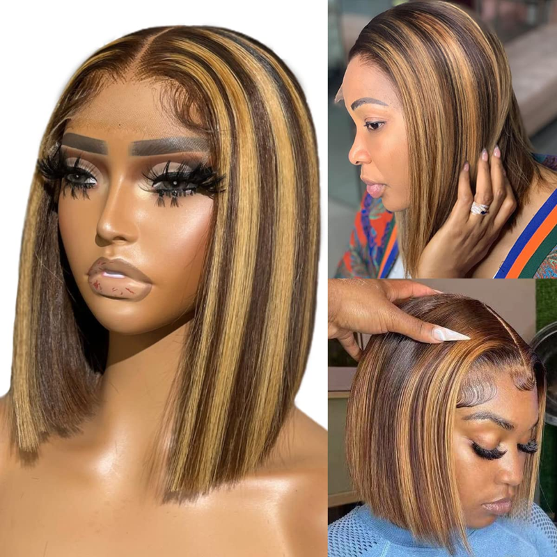 ALIGLOSSY 13X4 HD Lace P4/27 Honey Blonde Highlights Straight Bob Human Hair Wig