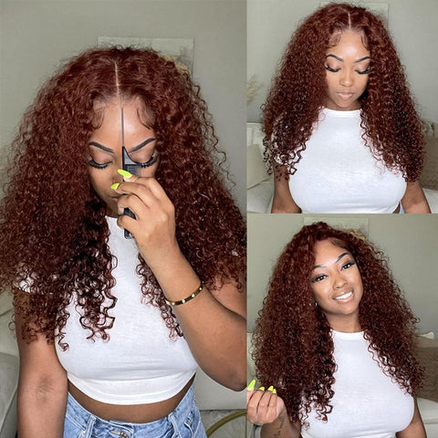 Glueless Reddish Brown Deep Wave Lace Closure Wig 4x4 5x5 Pre Cut HD Transparent Curly Human Hair Lace Wigs Beginner Friendly