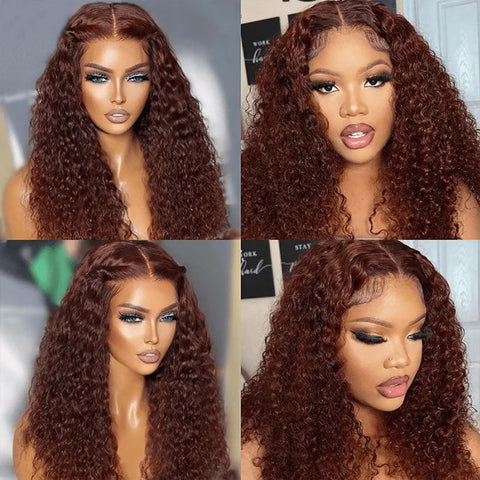 Glueless Reddish Brown Deep Wave Lace Closure Wig 4x4 5x5 Pre Cut HD Transparent Curly Human Hair Lace Wigs Beginner Friendly