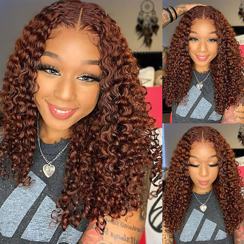 Glueless Reddish Brown Deep Wave Lace Closure Wig 4x4 5x5 Pre Cut HD Transparent Curly Human Hair Lace Wigs Beginner Friendly