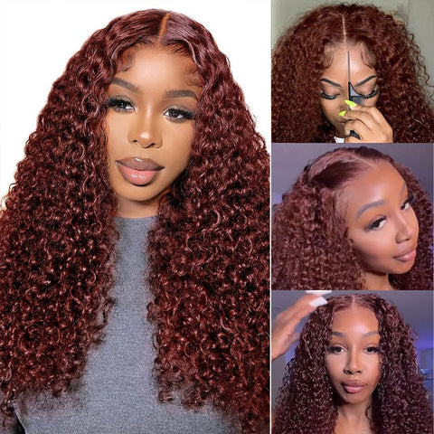 Glueless Reddish Brown Deep Wave Lace Closure Wig 4x4 5x5 Pre Cut HD Transparent Curly Human Hair Lace Wigs Beginner Friendly