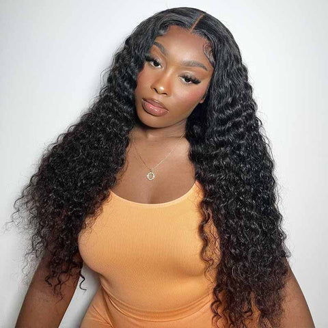 ALIGLOSSY Bye Bye Knots Wear And Go PRE CUT Glueless Deep Wave Wigs 4x4/5x5 HD Lace Closure Wig Human Hair Wigs Pre Plucked Beginner Friendly