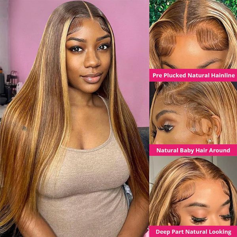 ALIGLOSSY P4/27 Highlight 13x4 Glueless Straight Lace Front Wig HD Transparent Lace Human Hair Wigs