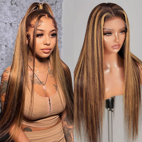 ALIGLOSSY P4/27 Highlight 13x4 Glueless Straight Lace Front Wig HD Transparent Lace Human Hair Wigs