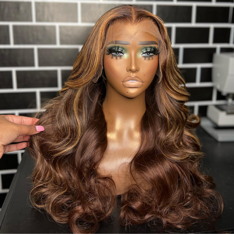 Balayage Honey Blonde On Chocolate Brown Highlights Body Wave Human Hair Wigs