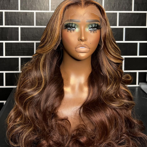 Balayage Honey Blonde On Chocolate Brown Highlights Body Wave Human Hair Wigs