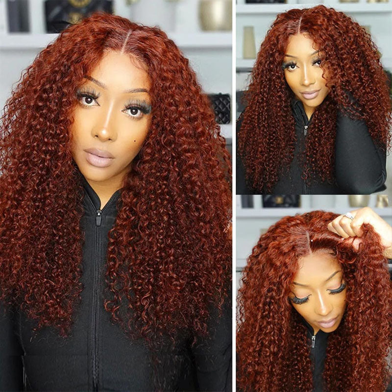 ALIGLOSSY Wear Go Glueless Reddish Brown Deep Wave Lace Closure Wig 4x4 5x5 Pre Cut HD Transparent Curly Human Hair Lace Wigs Beginner Friendly