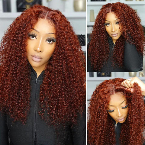 ALIGLOSSY Wear Go Glueless Reddish Brown Deep Wave Lace Closure Wig 4x4 5x5 Pre Cut HD Transparent Curly Human Hair Lace Wigs Beginner Friendly