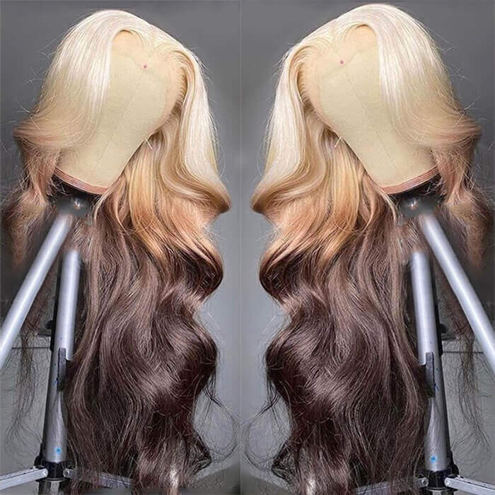 ALIGLOSSY Ombre 3 Tones Blonde Brown Black Underneath Human Hair Wigs