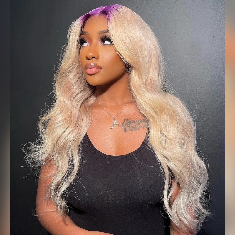 Aliglossy 250 300 Density 613 Blonde Hair Wig With Purple Roots 13X4 Lace Frontal Human Hair Wigs