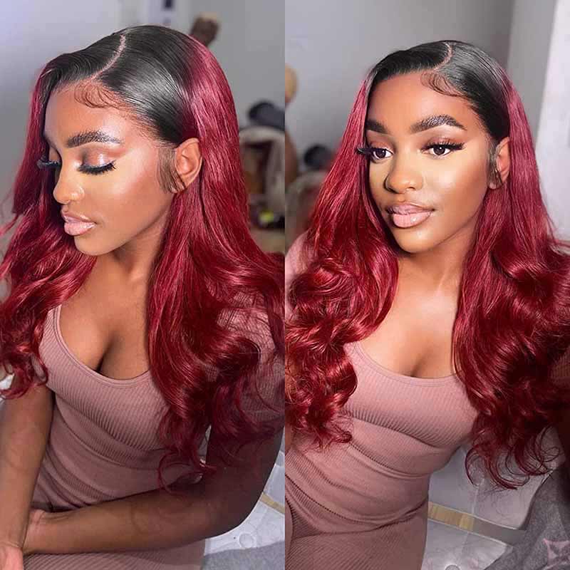 ALIGLOSSY 13x4 HD Transparent Lace Front Ombre 1B/99J Body Wave Wig