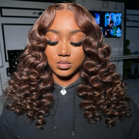 ALIGLOSSY 200 Density Chocolate Brown Loose Deep Wave Bob Wig 13x4 Lace Frontal Human Hair Wigs