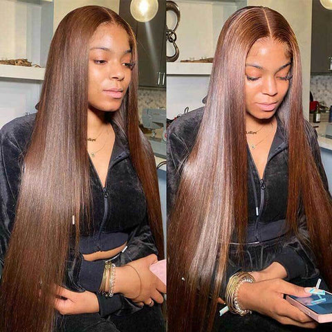 ALIGLOSSY Chocolate Brown 13x4 Glueless Straight Hair Lace Front Wig