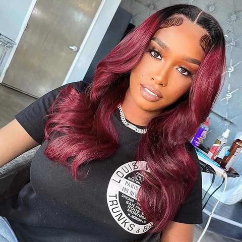 ALIGLOSSY 13x4 HD Transparent Lace Front Ombre 1B/99J Body Wave Wig