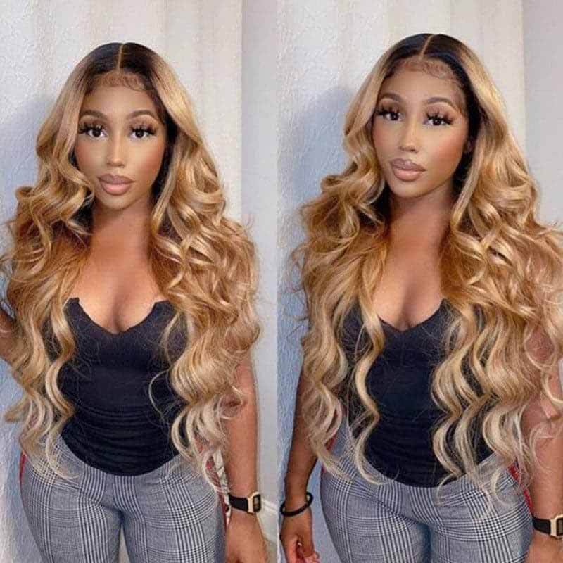 ALIGLOSSY Ombre Brown 1B/27 1B/30 13x4 HD Transparent Lace Front Body Wave Wig