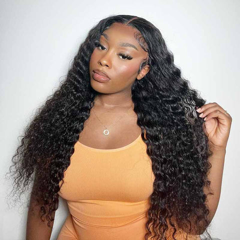 ALIGLOSSY Bye Bye Knots Wear And Go PRE CUT Glueless Deep Wave Wigs 4x4/5x5 HD Lace Closure Wig Human Hair Wigs Pre Plucked Beginner Friendly