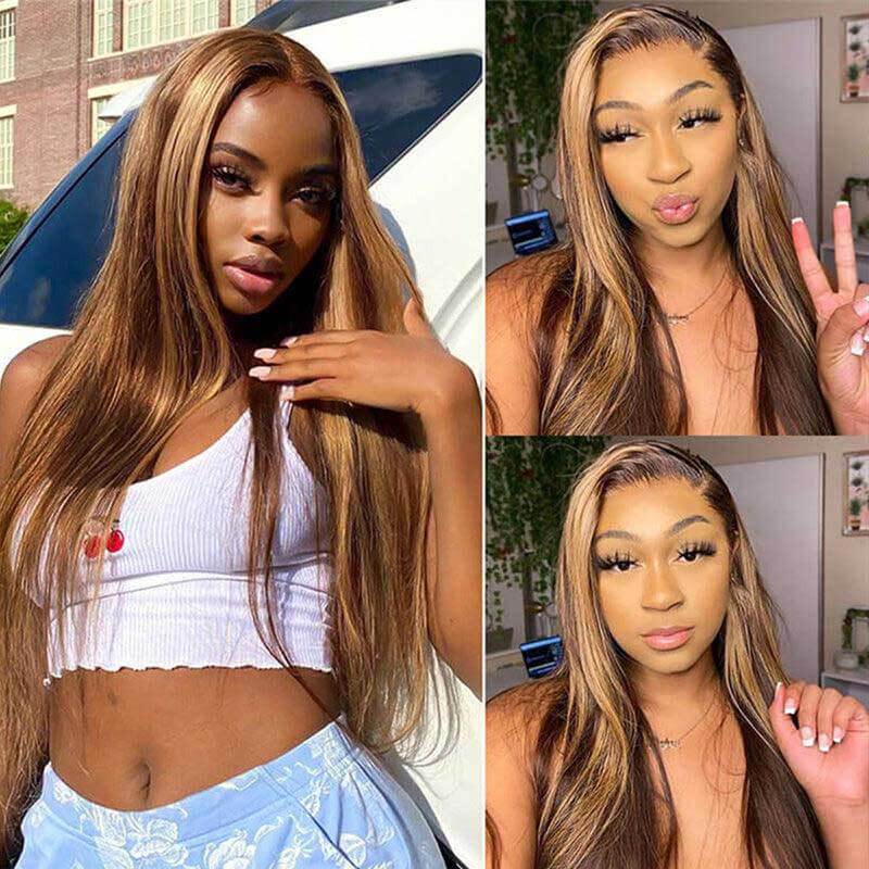 ALIGLOSSY P4/27 Highlight 13x4 Glueless Straight Lace Front Wig HD Transparent Lace Human Hair Wigs