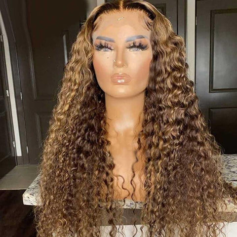 ALIGLOSSY 200 250 Density Deep Wave Wig 4/27 Highlight HD Transparent Curly Human Hair Wigs