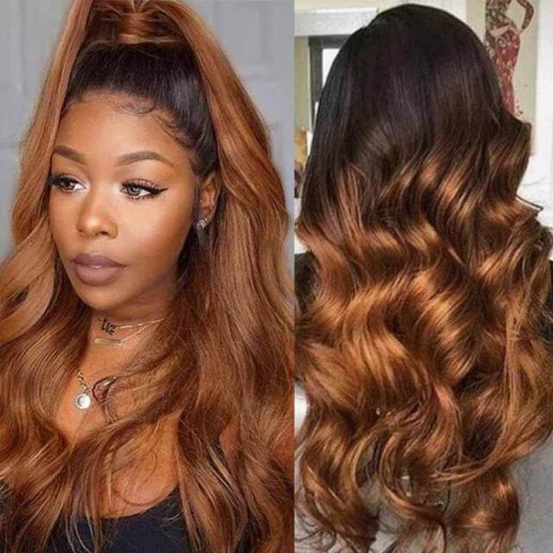 ALIGLOSSY Ombre Brown 1B/27 1B/30 13x4 HD Transparent Lace Front Body Wave Wig