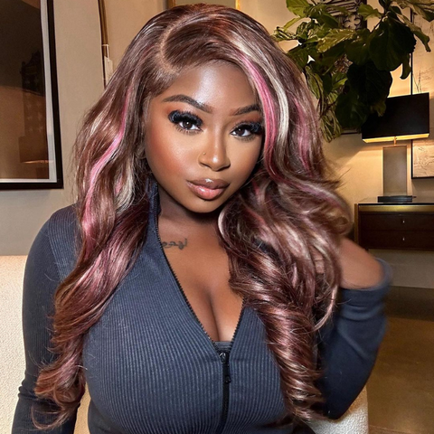 Aliglossy 250 Density Pink Blonde On Chocolate Brown Highlights 13x4 Lace Front Human Hair Wigs