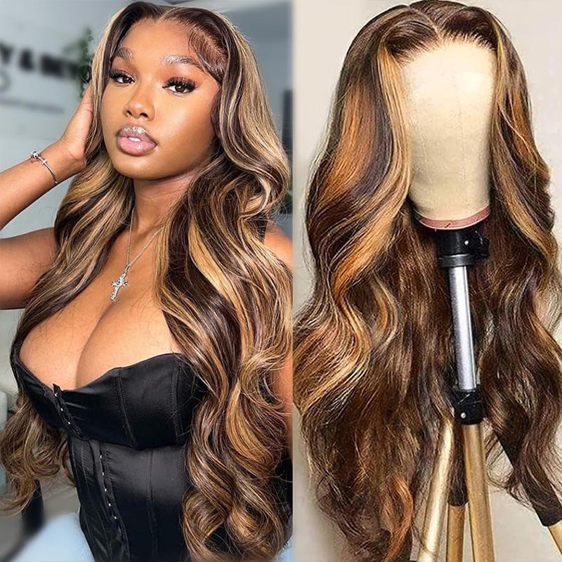 ALIGLOSSY Bye Bye Knots Glueless Wear Go 5x5 4x4 Pre Cut Lace Wig P4/27 Highlight Body Wave HD Lace Closure Wig Beginner Friendly