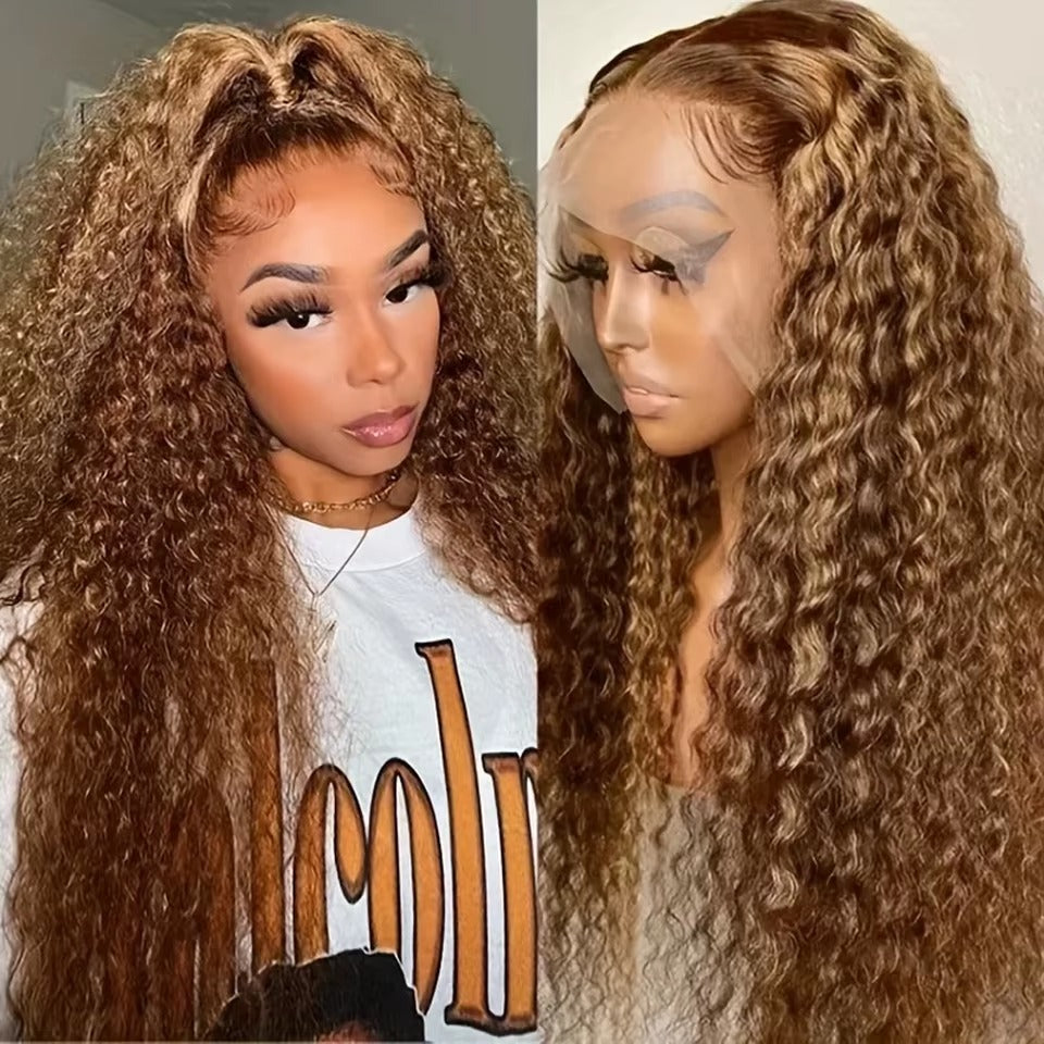 13x4 220 Density Honey Blonde Lace Frontal Deep Wave Ombre Highlight Wig