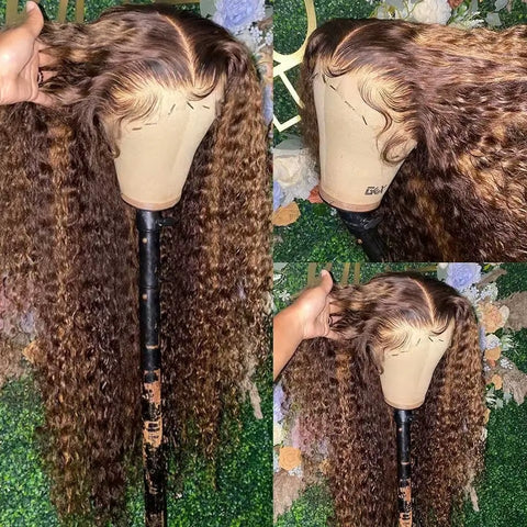 13x4 220 Density Honey Blonde Lace Frontal Deep Wave Ombre Highlight Wig