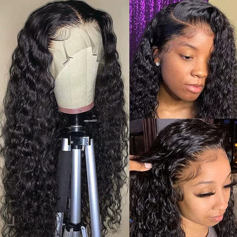 13*4 200 Density Water Wave Natural Black Lace Frontal Wig