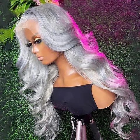 13*4 200% Density HDLace Closure Frontal Silver Grey Human Hair Wig