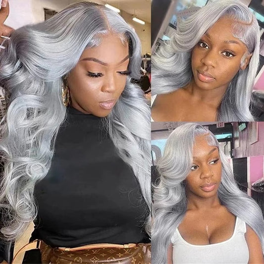 13*4 200% Density HDLace Closure Frontal Silver Grey Human Hair Wig