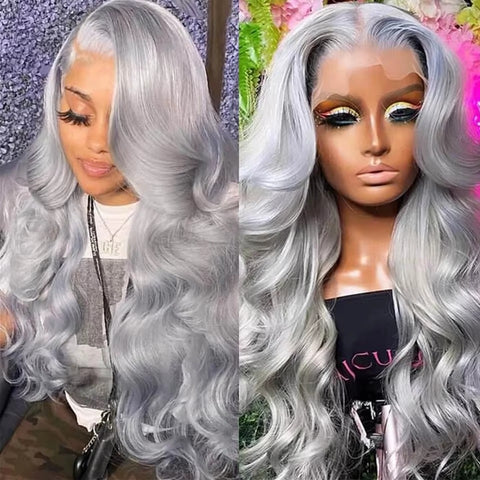 13*4 200% Density HDLace Closure Frontal Silver Grey Human Hair Wig