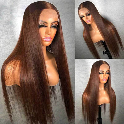 ALIGLOSSY Chocolate Brown 13x4 Glueless Straight Hair Lace Front Wig