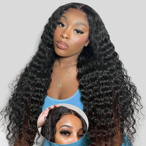 ALIGLOSSY Bye Bye Knots Wear And Go PRE CUT Glueless Deep Wave Wigs 4x4/5x5 HD Lace Closure Wig Human Hair Wigs Pre Plucked Beginner Friendly